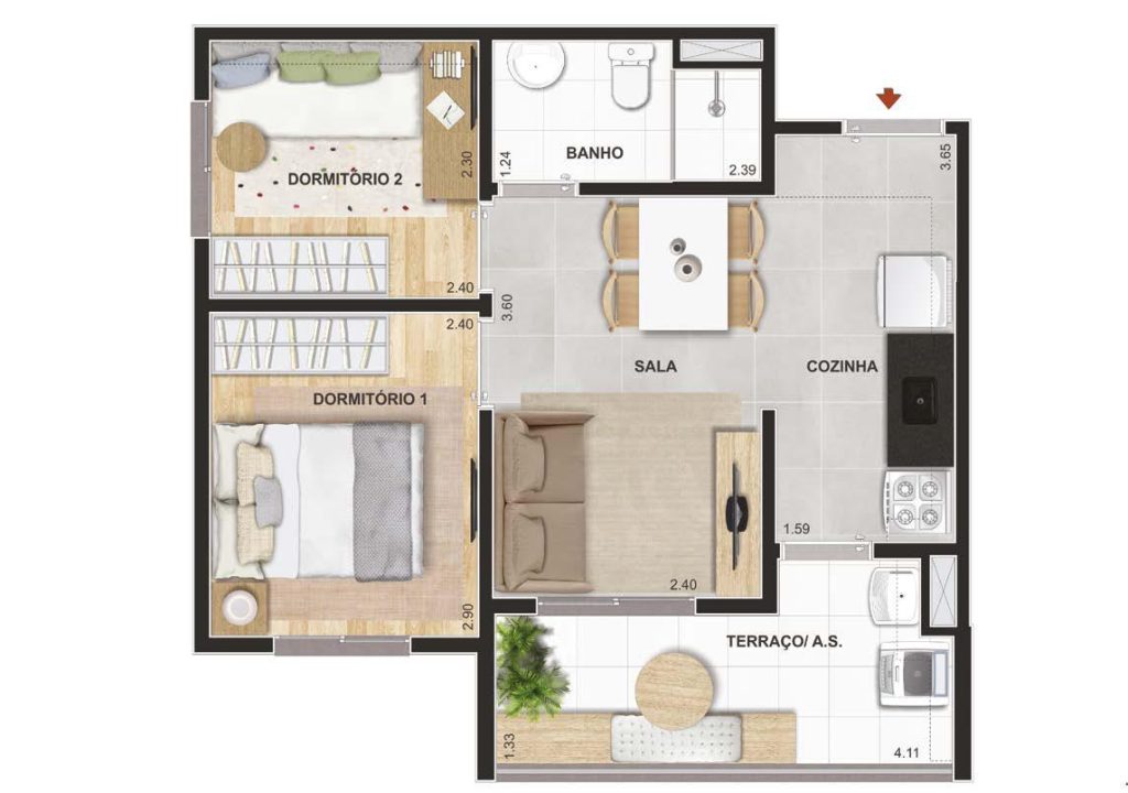 Planta do apartamento de 2 dormitórios com cozinha lateral – Parque Guarapiranga – Rio Bonito.