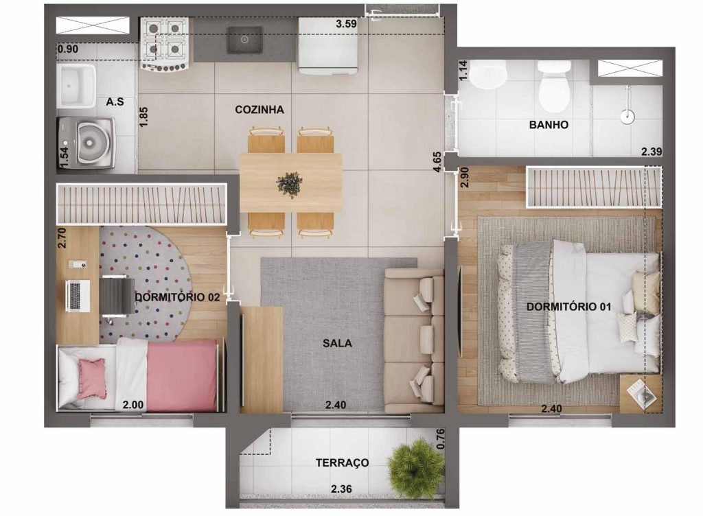 Planta humanizada de um apartamento de 2 dormitórios do Barra Funda 900 Cury, com sala integrada à cozinha, banheiro social e área de serviço.