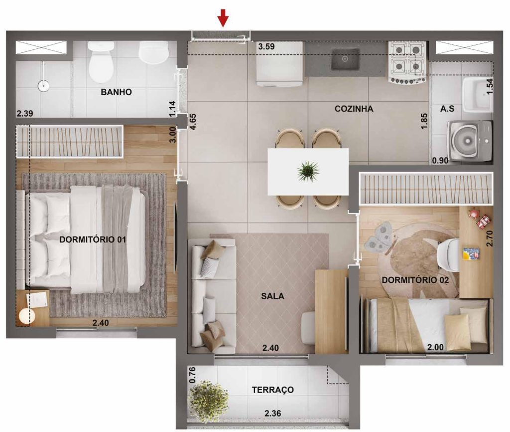 Planta humanizada de um apartamento de 2 dormitórios do Barra Funda 900 Cury, com sala integrada à cozinha, banheiro social e área de serviço.