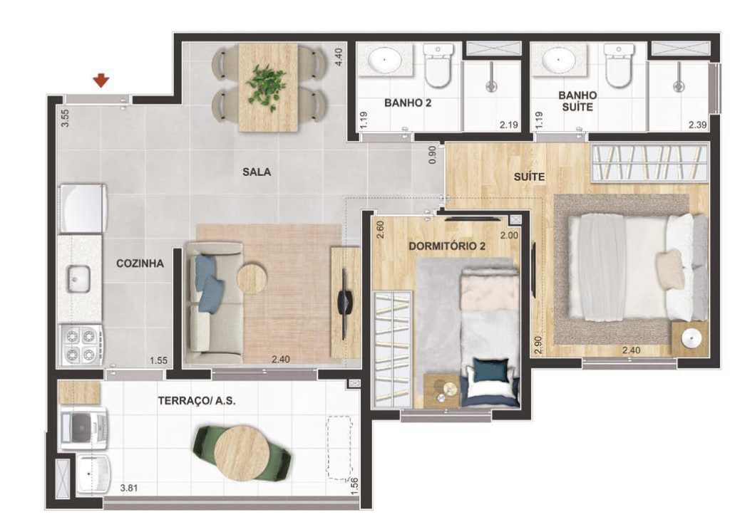 Planta ilustrada do apartamento de 2 dormitórios com suíte – Parque Guarapiranga – Rio Bonito.