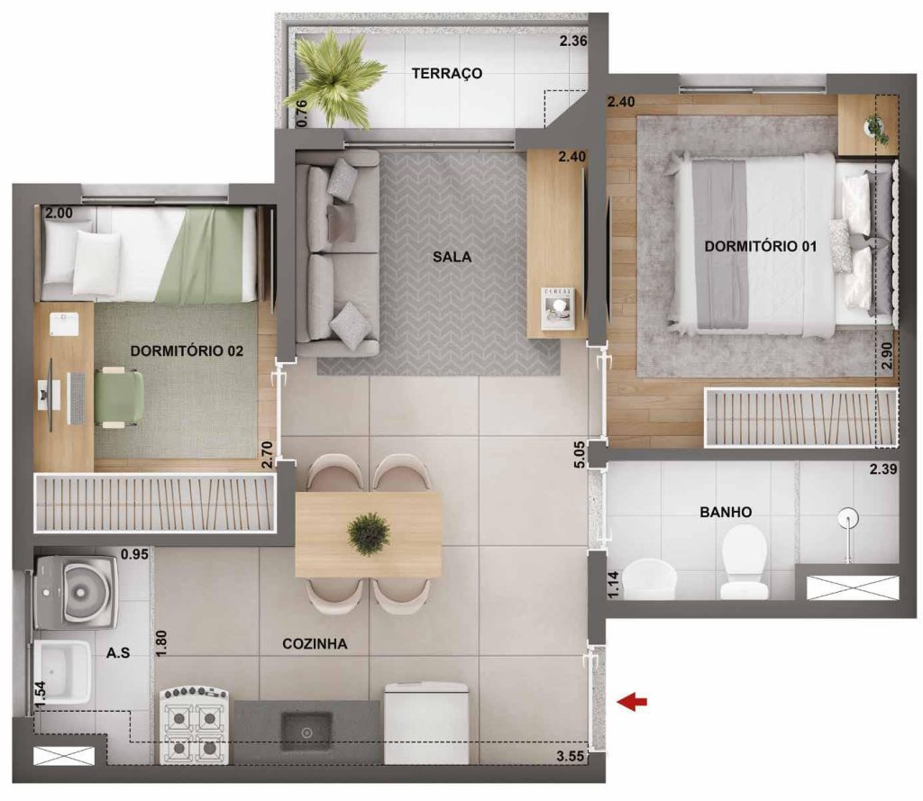Planta humanizada de um apartamento de 2 dormitórios do Barra Funda 900 Cury, com sala integrada à cozinha, banheiro social e área de serviço.