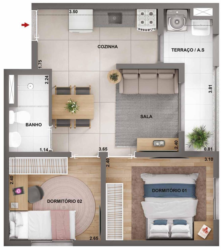 Planta humanizada de um apartamento de 2 dormitórios do Barra Funda 900 Cury, com sala integrada à cozinha, banheiro social e área de serviço.