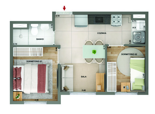 Planta 3 do Marco Freguesia Cury: layout de 2 dormitórios com sala integrada à cozinha americana e área de serviço