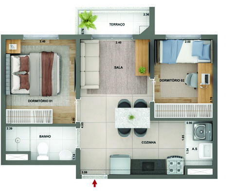 Planta 4 do Marco Freguesia Cury: apartamento de 2 dormitórios com sala integrada, cozinha compacta e terraço.