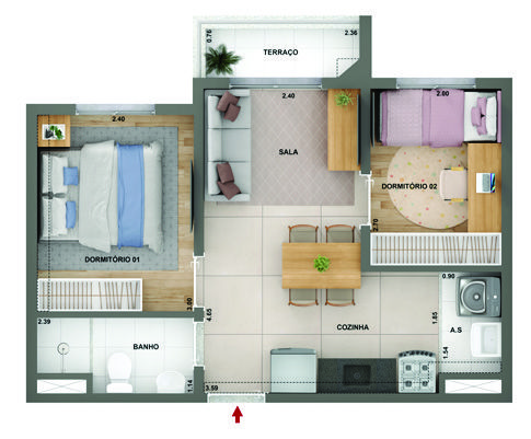 Planta 1 do Marco Freguesia Cury: apartamento de 2 dormitórios com sala integrada, cozinha e terraço.