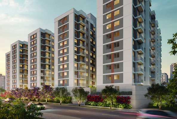 Fachada do Marco Freguesia Cury, mostrando torres residenciais modernas e iluminadas na Freguesia do Ó.