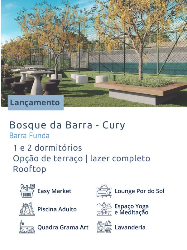 Bosque da Barra Cury com área de lazer ao ar livre e rooftop na Barra Funda
