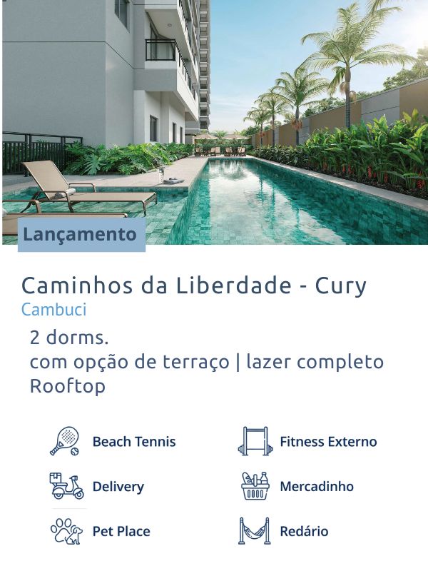Piscina Caminhos da Liberdade Cambuci, empreendimento da Cury com apartamentos de 2 dormitórios, lazer completo e rooftop.