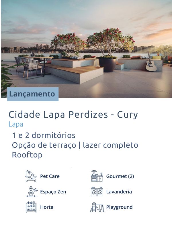 Cidade Lapa Perdizes Cury na Lapa com apartamentos de 1 e 2 dormitórios, opção de terraço, lazer completo e rooftop