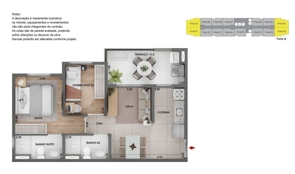 Planta de apartamento com 2 dormitórios, suíte e terraço no Cidade Lapa Perdizes