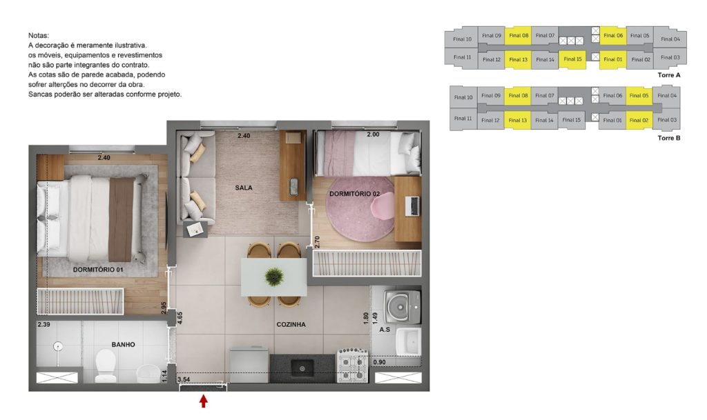 Planta de apartamento com 2 dormitórios no Cidade Lapa Perdizes